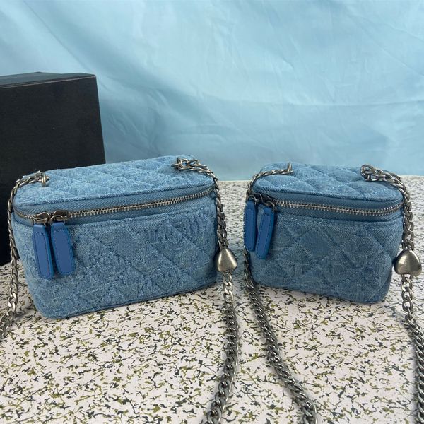 

multicolor women's cosmetic bag with mirror portable classic denim blue large capacity 18cm metal chain women's fashion cosmetic b