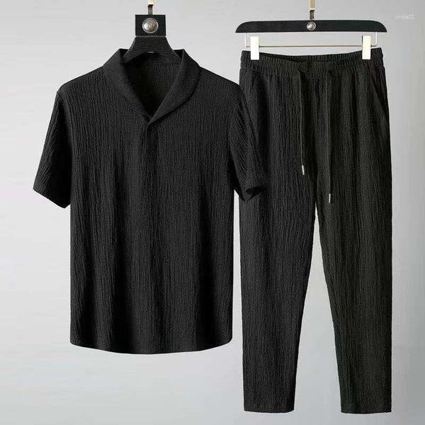 

men's tracksuits streetwear mens two piece sets casual solid color short sleeve lapel loose shirts and pants outfits suits men fashion, Gray
