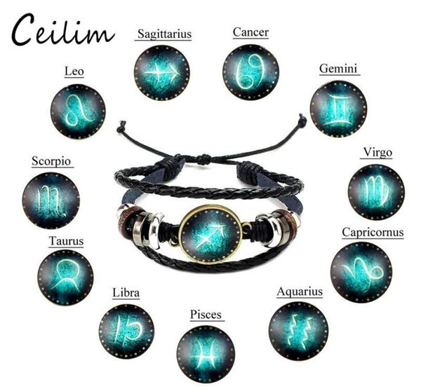 

new fashion jewelry design twelve constellations leather bracelets retro handwoven beads diy zodiac bracelet for women men gift7247966, Black