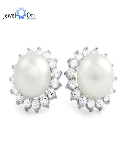 

925 sterling silver stud earrings classic 10mm simulated pearl with cubic zirconia earrings for women ea101781 174011098365, Golden;silver