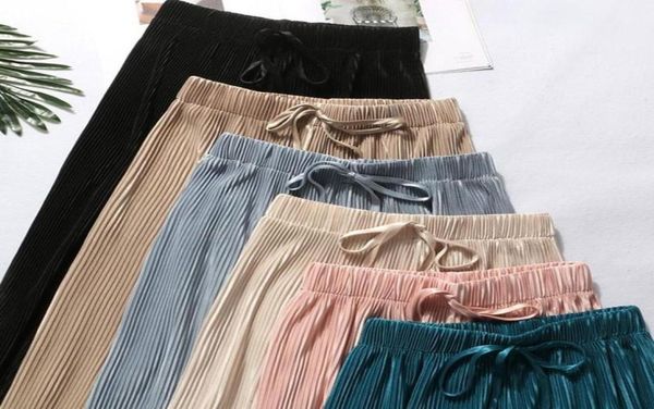 

women039s pants capris 2022 summer spring fashion tide black casual loose elastic waist high pleated wide leg women chiffon4550068, Black;white