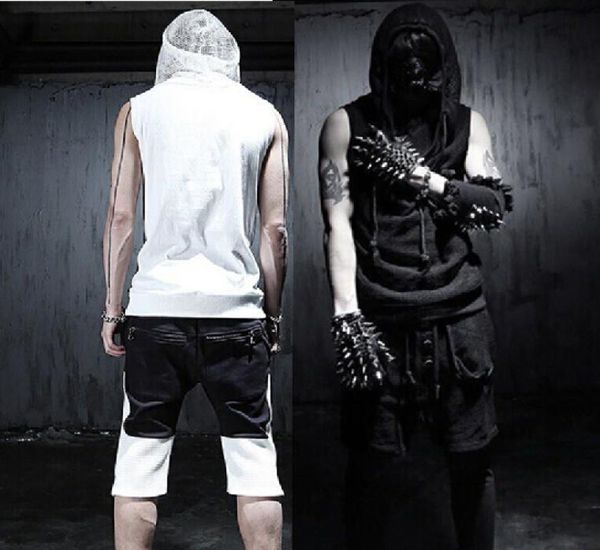 

whole 2016 new arrivial korean cool summer gothic tank sleeveless men with hooded black white slim fit rock punk clothes6170633, White;black