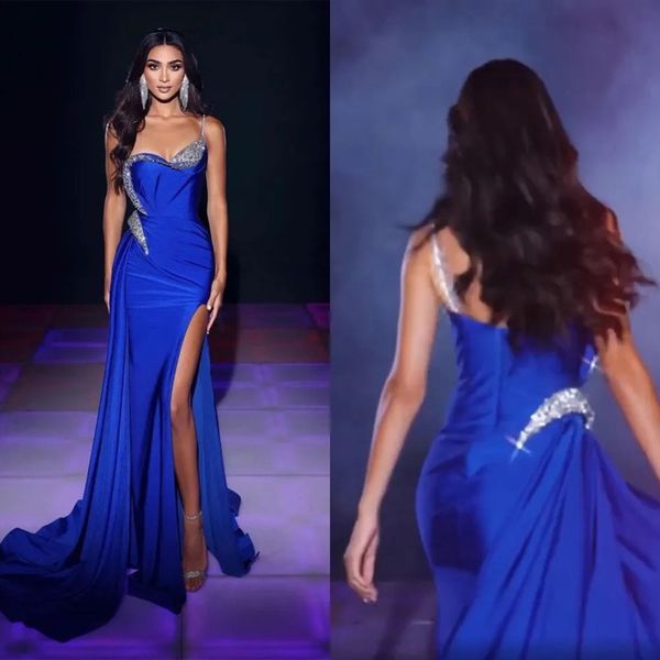 

royal blue formal evening dresses spaghetti straps beads sequins thigh high split occasion party runway dress prom gowns, Black
