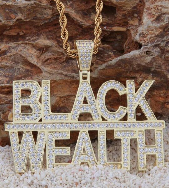 

iced out bling rapper black wealth letter pendant cz chain gold silver color hip hop jewelry cz necklace for men women1103713
