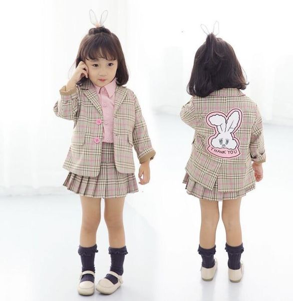 

2020 autumn baby girl clothing set 2pcs cartoon bunny jacketskirt children plaid suit blazer kids outfit suit girls clothes set7022357, White