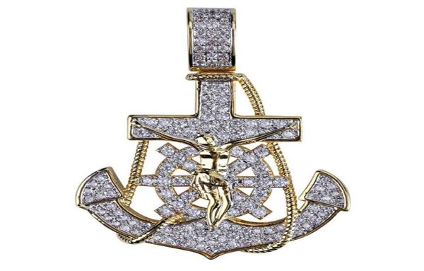 

new arrived 18k gold plated cross anchor necklace pendant with 4mm tennis chain rope chain iced out full zircon mens jewelry3840680, Silver