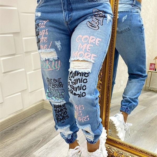 

women's jeans letter print slant pocket ripped jeans women casual denim pants 230712, Blue