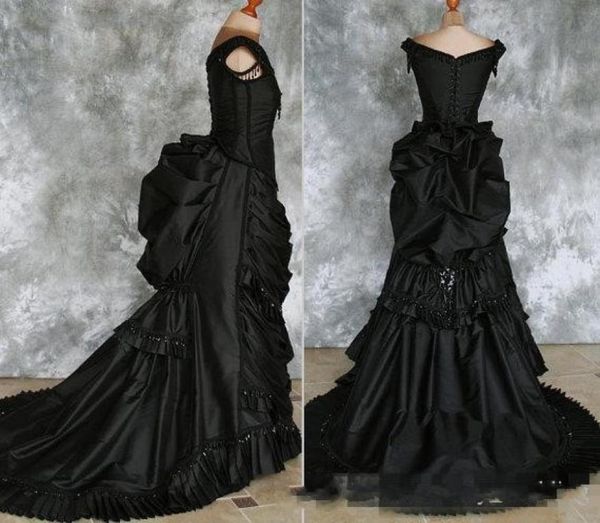 

gothic victorian bustle gown with train vampire ball masquerade halloween black beaded steampunk goth 19th century wedding dresses1241018, White