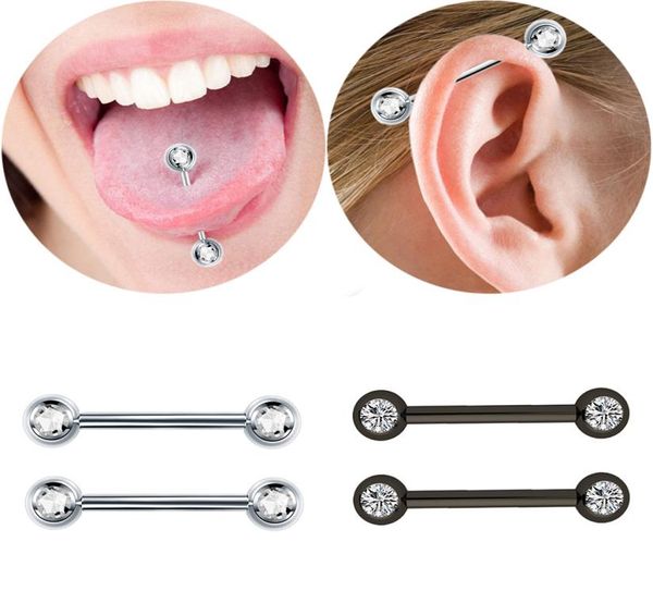 

1pc stainless steel inlaid zircon tongue rings punk style nipple tongue piercing tragus lage earring body piercing jewelry9927047, Silver
