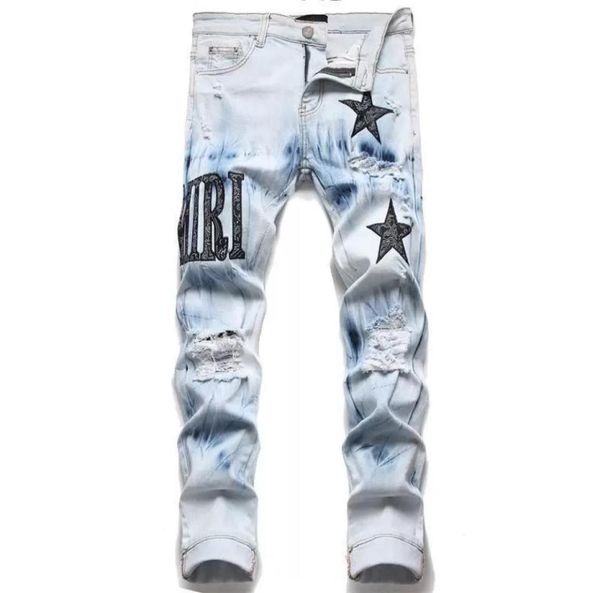 

men039s jeans european jean hombre letter star men embroidery patchwork ripped for trend brand motorcycle pant mens skinny2384316, Blue