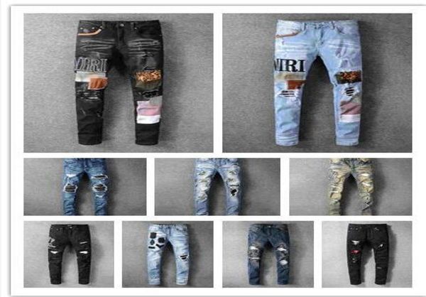 

new tide hole stretch elastic slim feet pants embroidered collage jeans fashion brand mens trousers3061505, Blue