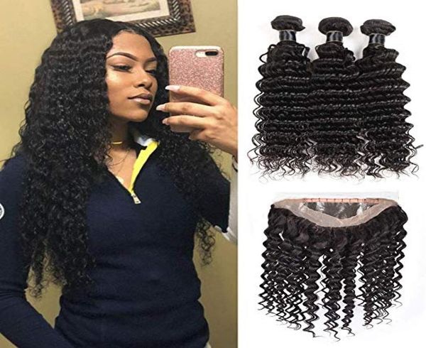 

pre plucked brazilian deep wave human hair weaves with 360 lace band frontal virgin human hair with bady hair 4pcslot9552462, Black;brown