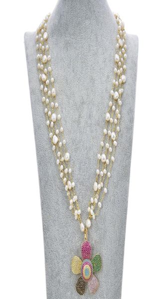 

guaiguai jewelry 4 strands white pearl necklace cz pave flower pendant for women real gems stone lady fashion jewellery9262227, Silver