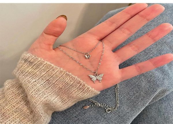 

doublelayer diamondstudded butterfly necklace japan and south korea spring and summer new trendy necklace female ins korea wild 1552499, Silver