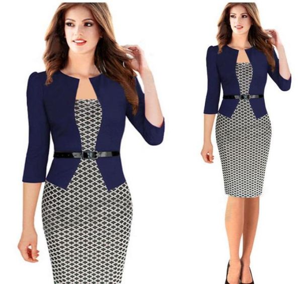 

plaid design fasle two pieces with belt women work dress plus size knee length long sleeve office ladies dresses up to 2xl3523069, White;black