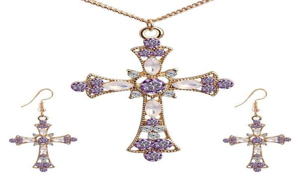 

pendant necklaces necklace earrings set gothic cross hip hop pink zircon jewelry ladies giftspendant2426722, Silver