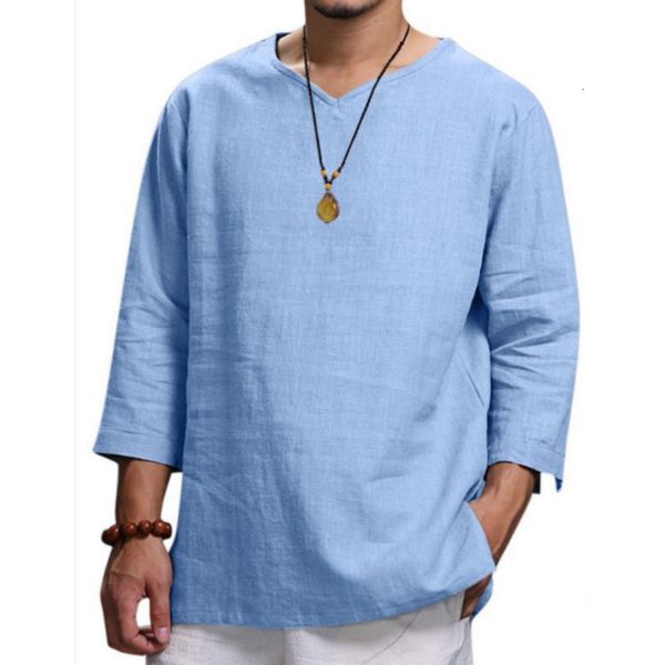 

men  tank 2023 v neck cotton linen t shirts male breathable solid color long sleeve summer casual loose t shirt 230711, White;black