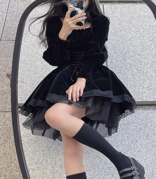 

casual dresses 2022 spring black velvet y2k mini dress woman gothic kawaii lolita party long sleeve korean fashion lace design sli5748741, Black;gray