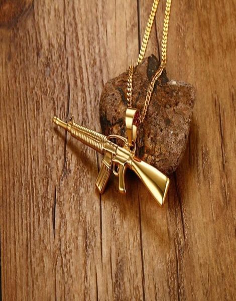 

men necklaces gold plated ak47 assault gun rifle icedout pendant necklace stainless steel hiphop military jewelry pn5556213427, Silver
