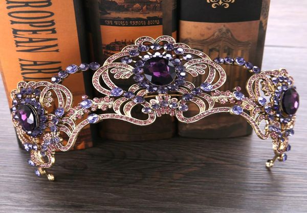 

purple flower crystal tiara bridal for wedding bride gold color rhinestone crown headband jewelry hair accessories y2008078872397, White;golden