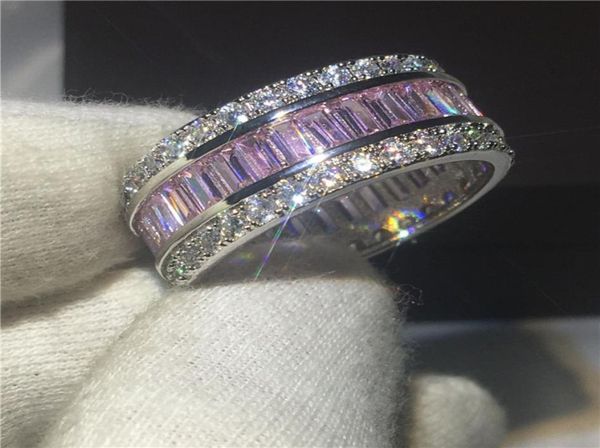 

handmade lovers ring full princess cut 5a pink zircon stone white gold filled engagement wedding band rings for women men bijoux9332479, Slivery;golden