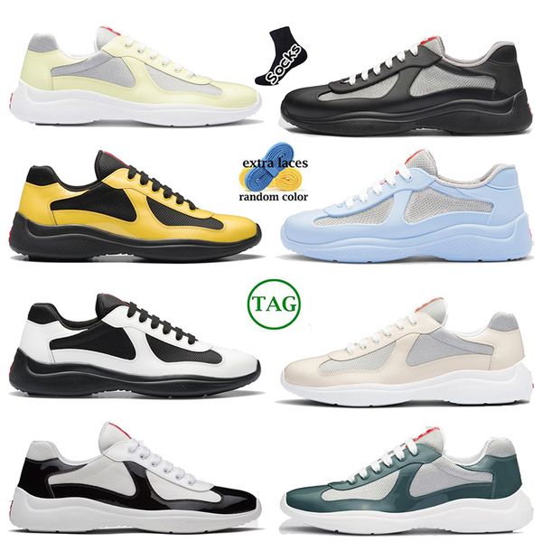 

new men prad designer classic casual shoes america cup  patent leather sneakers flat trainers for men leather nylon black outdoor trainer, White;red