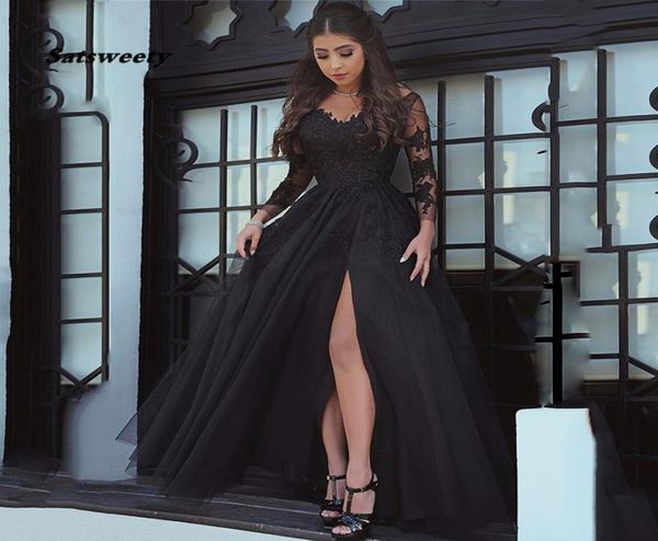 

slit black prom dresses lace long sleeve elegant formal evening gowns party long prom dresses for woman vestidos de gala6476738