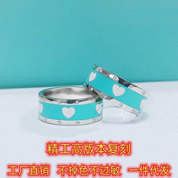 

original new seiko high edition reprint s925 sterling silver tiffay light luxury small love blue enamel wide couple ring for men and women