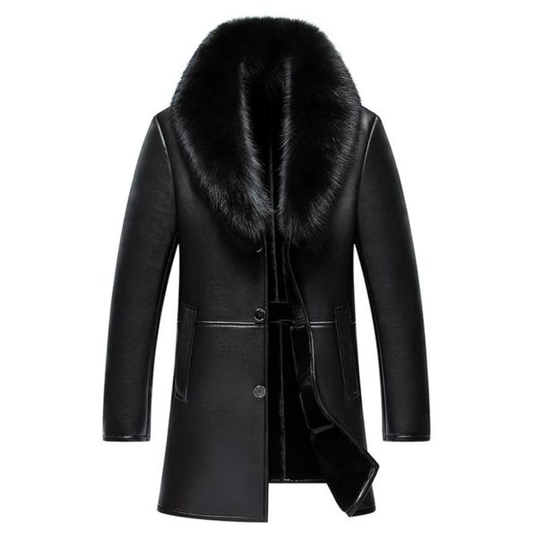 

2017 new arrival long real big fur collar men039s winter leather jacket thick warm leather men coat2419997, Black