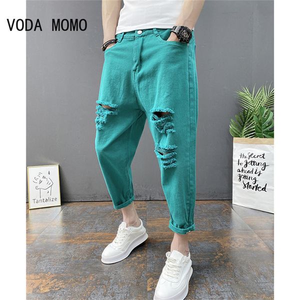 

men's jeans japanese trend ripped hole white green black ankle length youth fashion loose denim harem cargo pants 230711, Blue