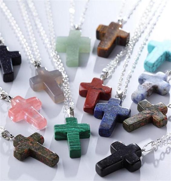 

punk jewelry stainless steel chains rose purple tiger eye opal real natural quartz stone cross pendant necklaces1604319, Silver