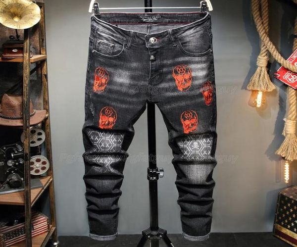 

men039s black jeans streetwear fashion trousers embroidery skull stretch denim biker jeans male casual designer ri1191730, Blue