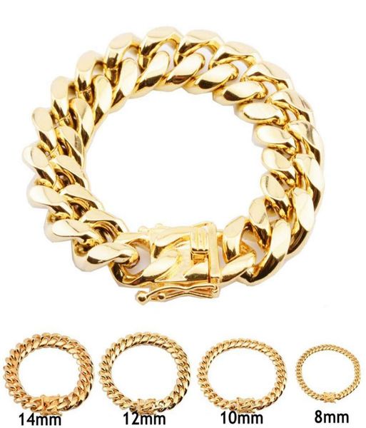 

8mm10mm12mm14mm16mm18mm mens 18k gold plated stainless steel bracelets high polished miami cuban link punk curb gold bracelet9224422, Black