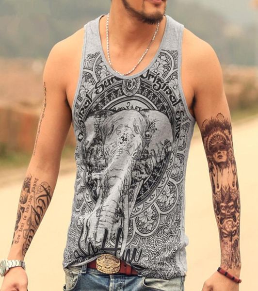 

grey men tank casual fitness singlets brand mens t shirt sleeveless gasp hip hop vest elephant print cotton undershirt1783796, White;black