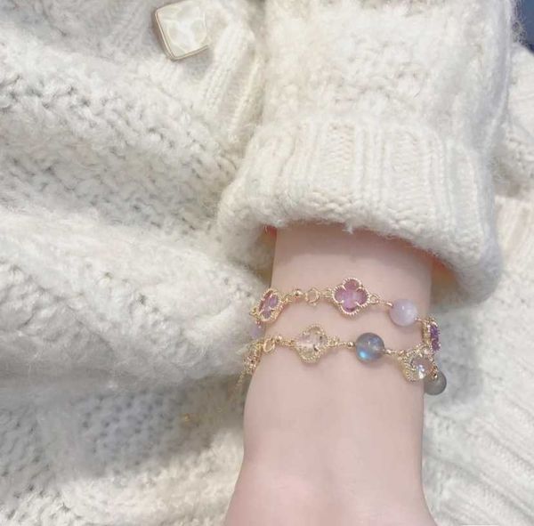 

natural amethyst moonstone bracelet four leaf clover female xia sheng high sense ins niche design light extravagant girl friend, Golden;silver