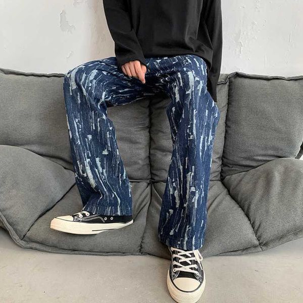 

designer jeans 2021 high street washed old vibe style straight tube stacked fashion jeans striped couple pants, Blue