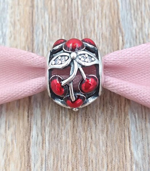 

andy jewel authentic 925 sterling silver beads silver red enamel sweet cherries charm fits european style jewelry bracelets & necklace 79190, Black