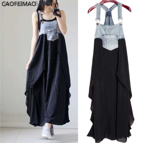 

2023new classic women summer braces dress denim patchwork maxi dress bottom high waist loose casual beach dress l230712, White