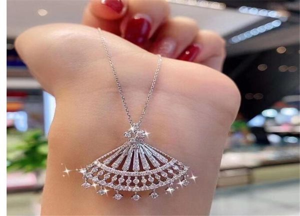 

2021 brand arrival sparkling luxury jewelry fan pendant 925 sterling silver full shinning white 5a zircon gemstones promise women 9844926