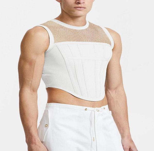 

men039s tank men slim fit casual ribbed sleeveless tshirt beach solid color splicing fishnet drop4736696, White;black