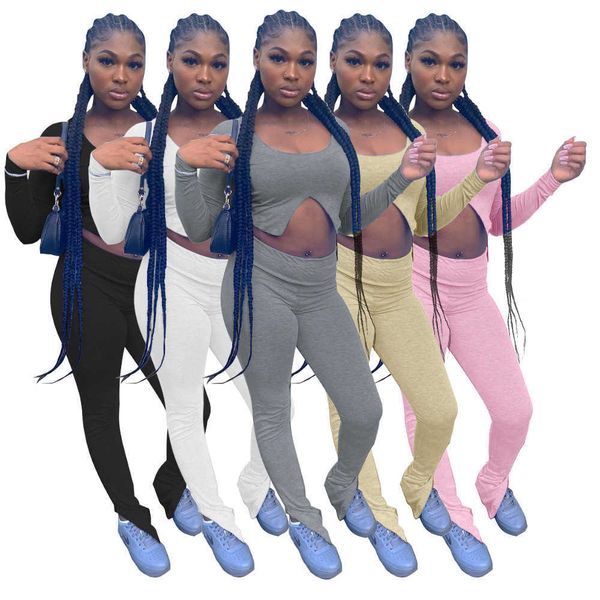 

women tracksuits two pieces set designer 2023 new solid color long sleeve split pants imitation cotton sportwear 5 colours s-xxl, White