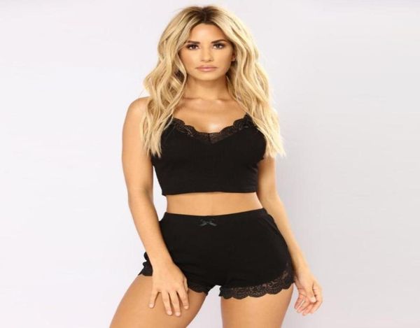 

2019 women pajamas sleepwear black lingerie sleepwear vneck lace bow spaghetti strap cami shorts set pajamas sets nightwear9436668, Black;red