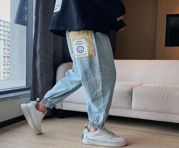 

black men baggy jeans hip hop streetwear loose slim fit denim ankle length trousers clothes7403871, Blue