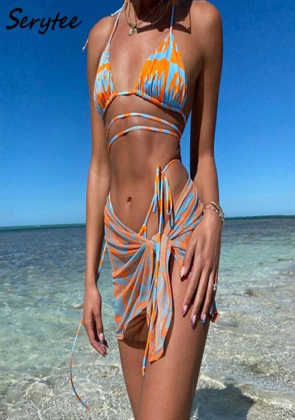 

serytee swimwear tie dye print 2022 women three piece set halter crop underwear with cover up skirt swimsuit beachwear ou4313671, White;black