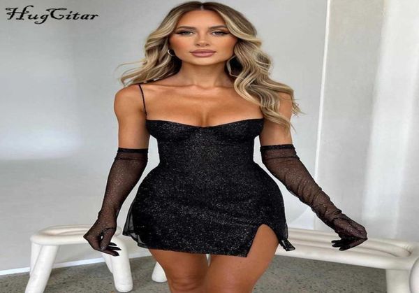 

casual dresses hugcitar black shine slip backless with gloves slit bodycon mini prom dress 2022 fall women elegant clothes bi9971514, Black;gray