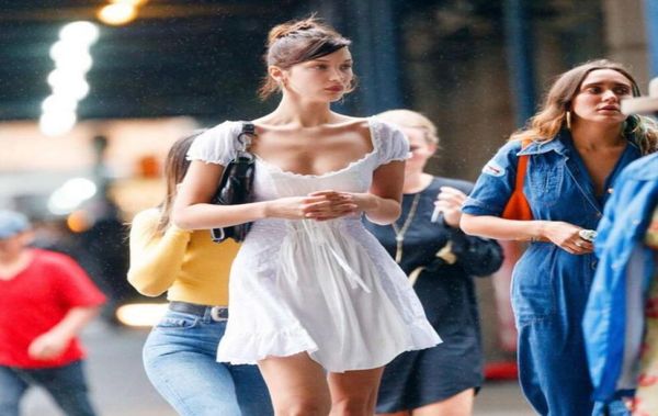 

2018 summer dress bella hadid white beach dress slash neck ruffles lace elegant dresses off shoulder a line party dress boho y19013278284, Black;pink