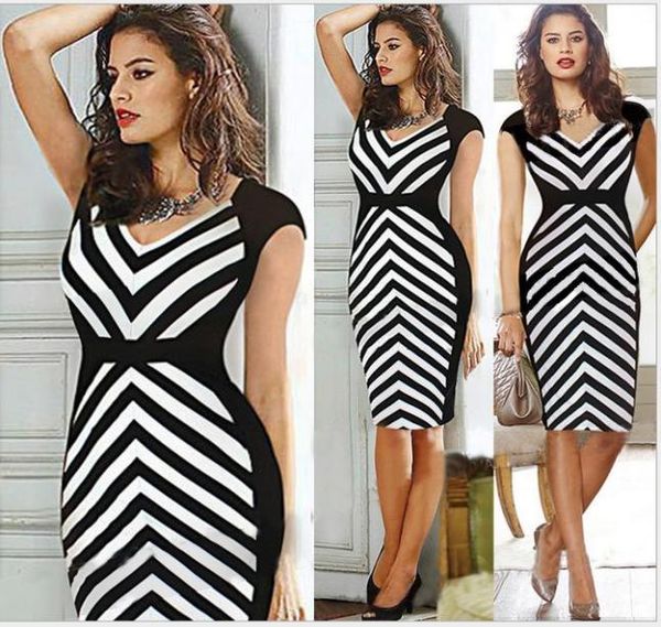 

plus size zebra striped sheath vneck women party dress work dress office lady black white pencil dress summer style up to 2xl8749732, White;black