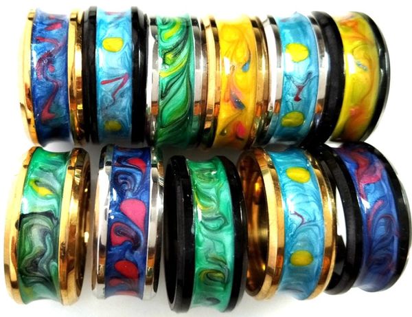 

50pcs the men women colorful enamel glaze hand painted porcelain elegant stainless steel ring whole trendy jewelry 6306314, Silver