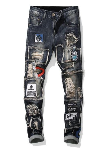 

mens new fashion skinny punk slim fit jeans distressed denim hole pants male pencil streetwears pants8535221, Blue