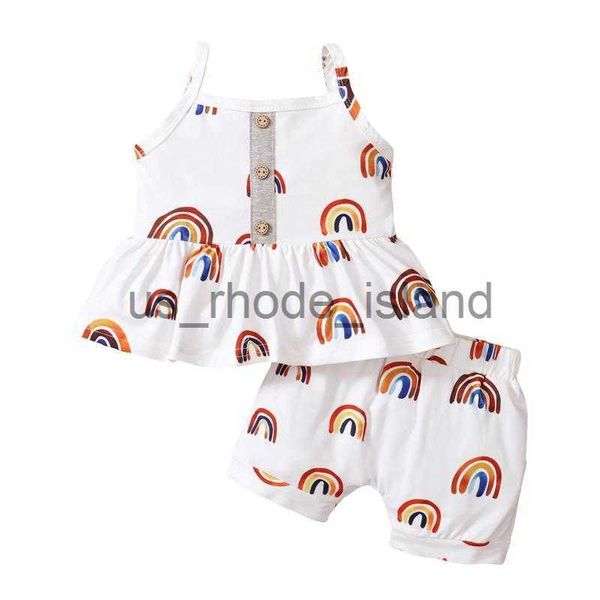 

clothing sets clothing sets child baby pattern 2 pieces kids suit set rainbow print u-neck sleeveless pullover+ high waist shorts for girls, White